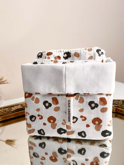 10 disques démaquillants reutilisables  ultra-doux et leur panier de rangement artisanale, coloris leopard, fait main en France, Gaia Greener