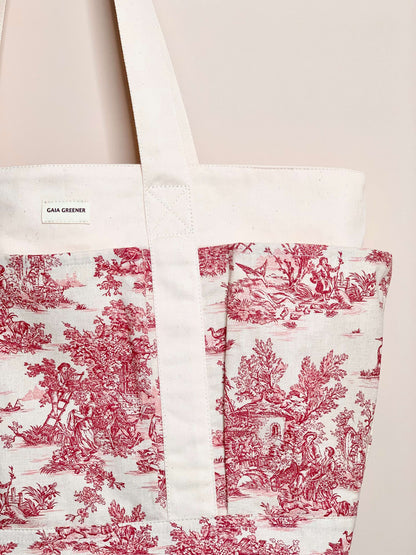 Détail des finitions robustes et coutures renforcées du sac cabas artisanal Gaia Greener en coton certifié Oeko-Tex et contact alimentaire.