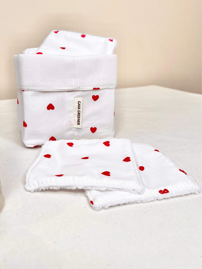 Lot de 10 cotons démaquillants lavables ultra-doux et leur panière de rangement artisanale, coloris coeur rouge, fait main en France, Gaia Greener