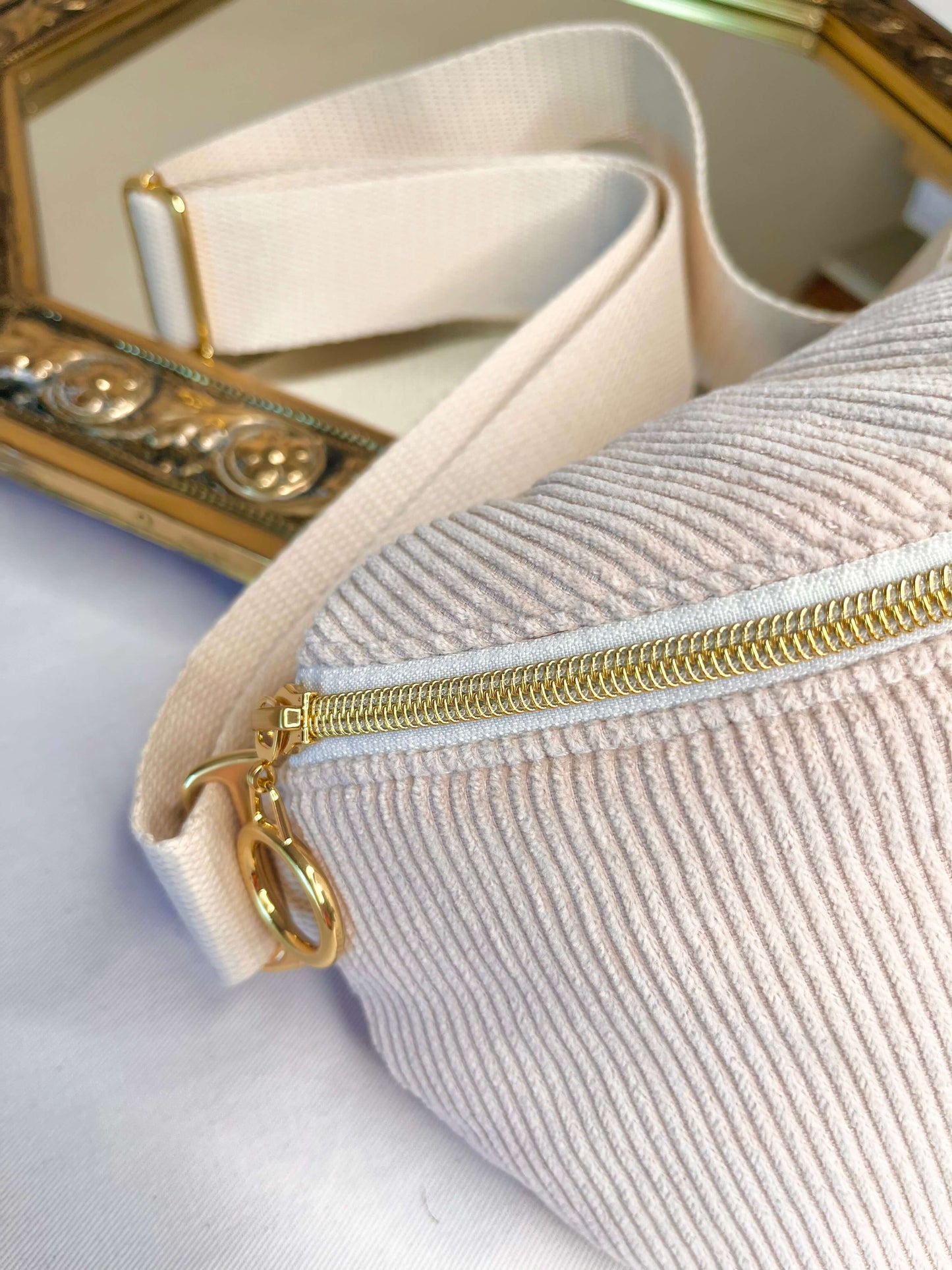 Sac banane velours tissu Oeko-tex, grande capacité, coloris lin, fait main gaia greener.