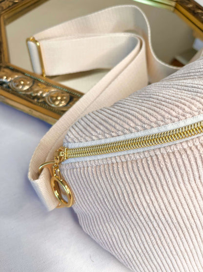 Sac banane velours tissu Oeko-tex, grande capacité, coloris lin, fait main gaia greener.