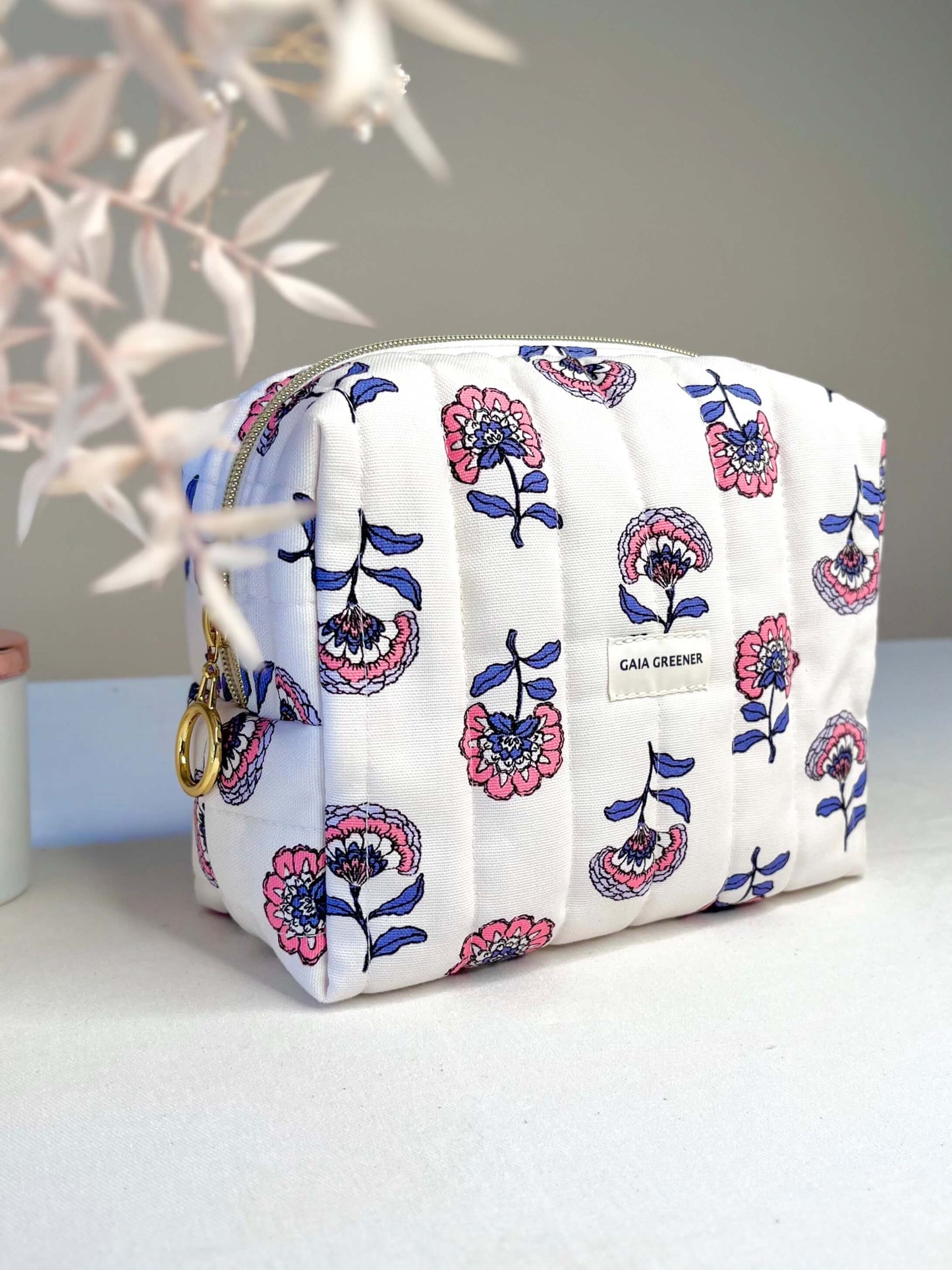 Trousse de toilette en coton Oeko-Tex, grande capacité et durable, écologique et éthique, imperméable à l'intérieur, fait main Gaia Greener, motif fleuri.