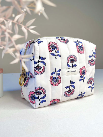 Trousse de toilette en coton Oeko-Tex, grande capacité et durable, écologique et éthique, imperméable à l'intérieur, fait main Gaia Greener, motif fleuri.
