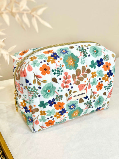 Trousse de toilette, trousse à maquillage eco-responsable en coton Oeko-Tex, ouverture grande angle, imperméable à l'intérieur, fait main Gaia Greener, motif fleurs.