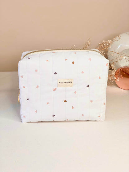 Trousse de toilette, trousse  maquillage, éco-responsable en coton Oeko-Tex, ouverture grande angle, imperméable à l'intérieur, fait main Gaia Greener, motif coeur.