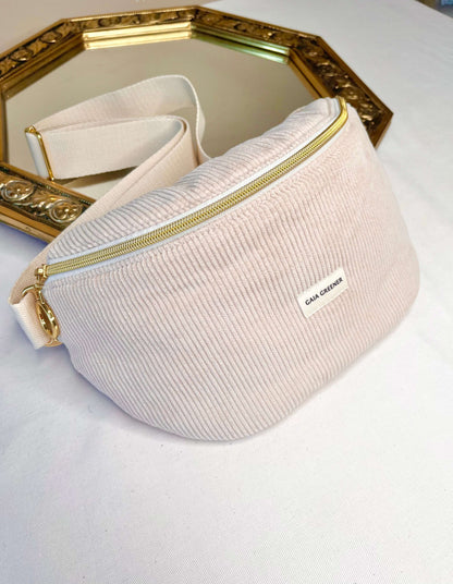 Sac banane velours tissu Oeko-tex, grande poche intérieur, sangle réglable et confort, coloris lin, fait main gaia greener.